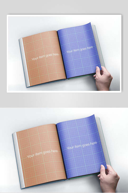 蓝褐色内折页画册样机贴图效果图
