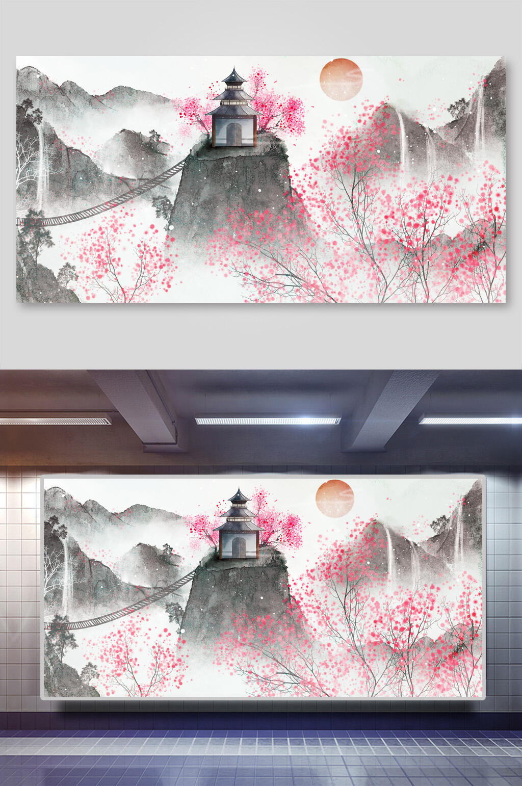 桃花寺庙中国风背景素材素材