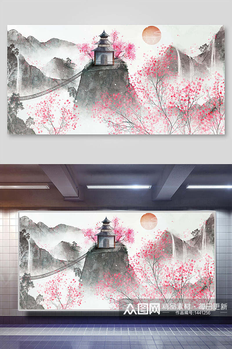 桃花寺庙中国风背景素材素材