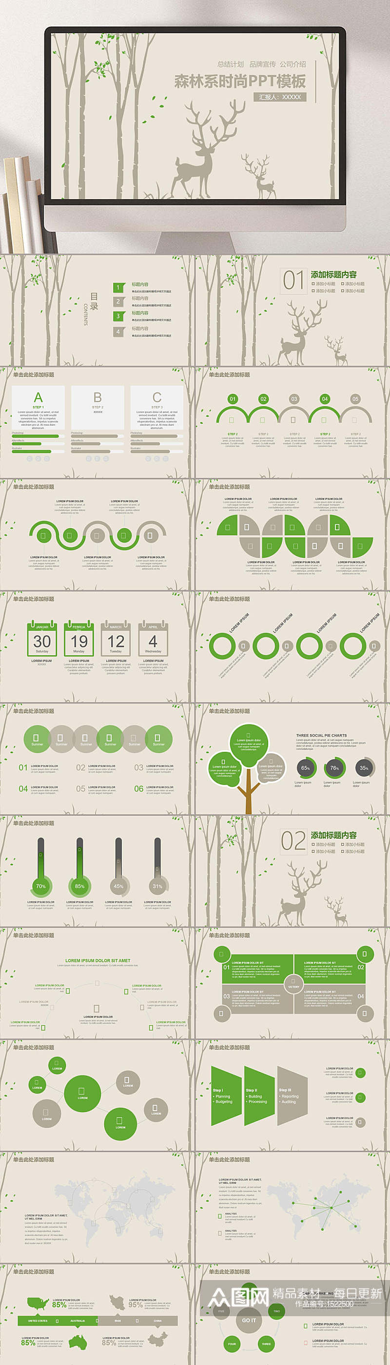 工作总结暨新年计划森林系时尚PPT模板素材