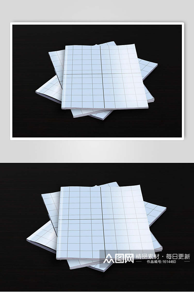 白色格子画册书籍叠放样机效果图素材