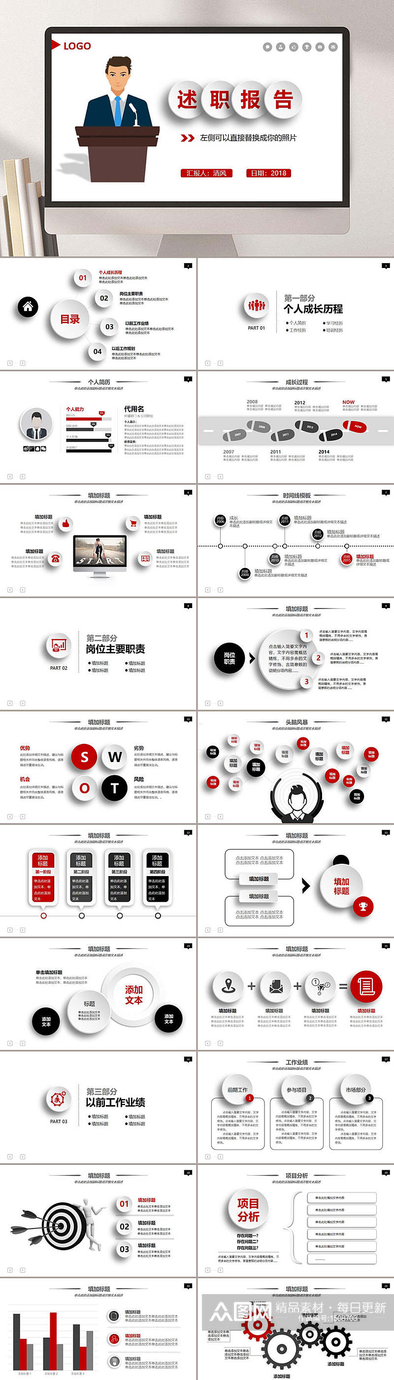 述职报告简约白色主题通用PPT模板素材