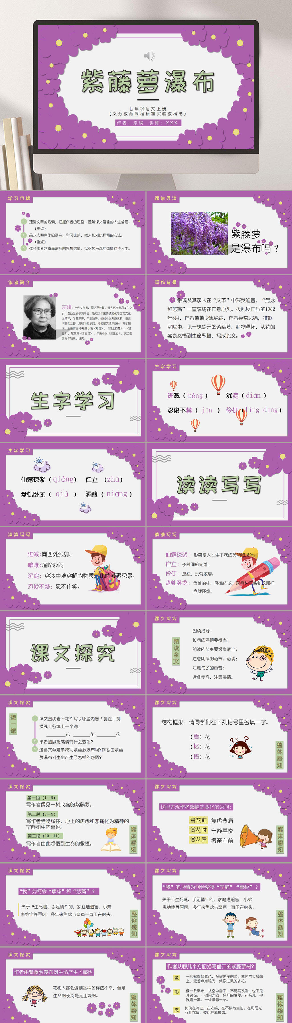 七年级下紫藤萝瀑布PPT模板素材