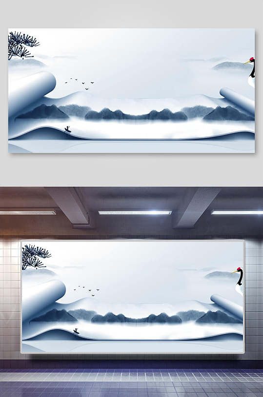 蓝色画卷中国风背景素材