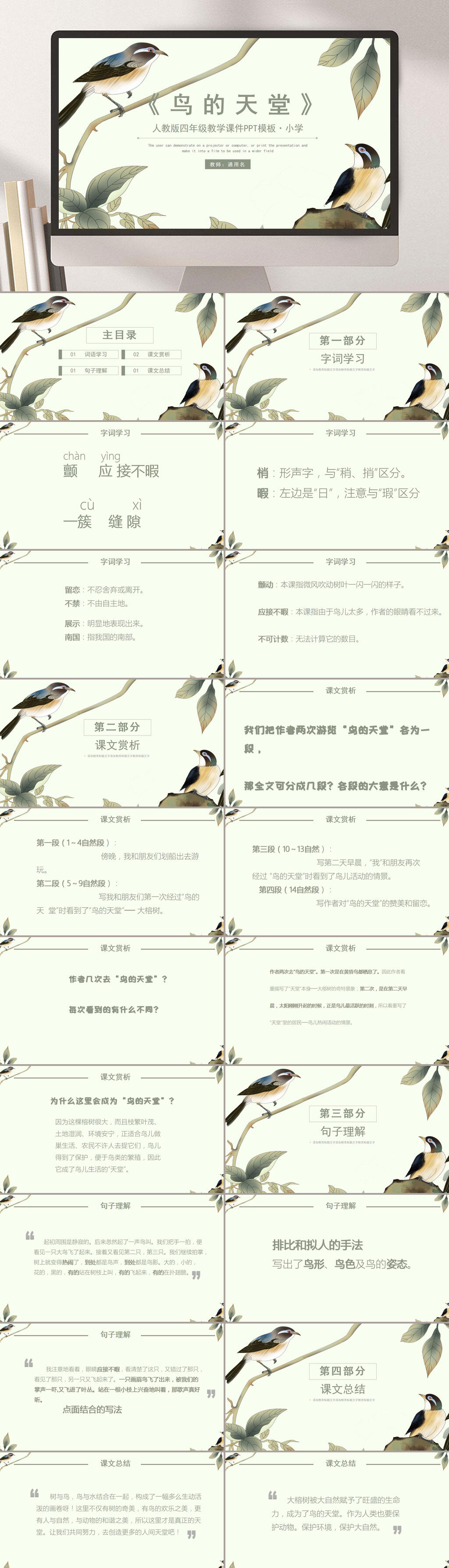 手绘风小鸟小学课本课件鸟的天堂教学PPT素材