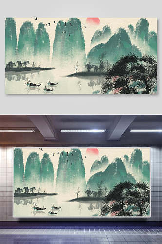 绿色山水中国风背景素材