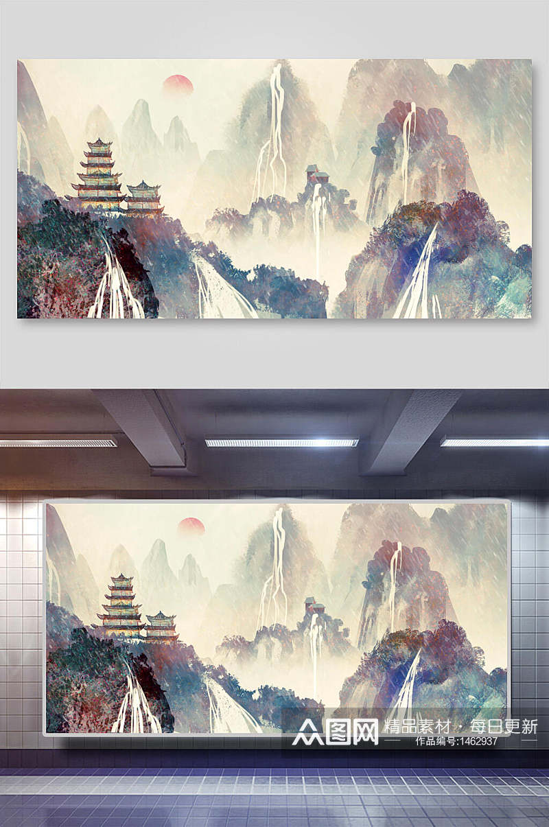 中国风背景风景古建筑山水免抠背景素材