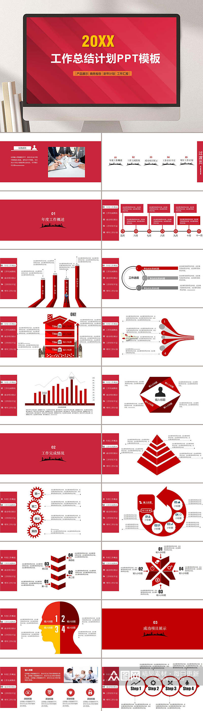 工作总结年度汇报红色主题通用PPT模板素材