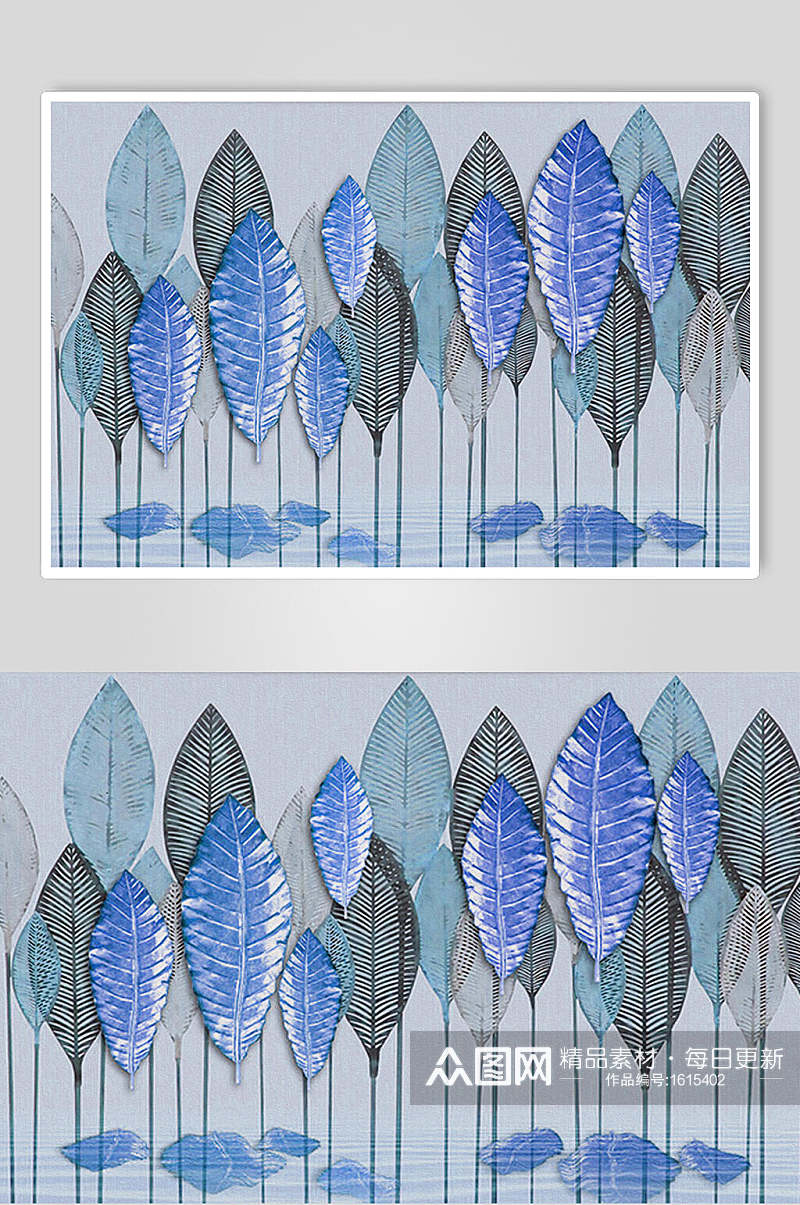 蓝色手绘火烈鸟芭蕉叶子设计元素素材