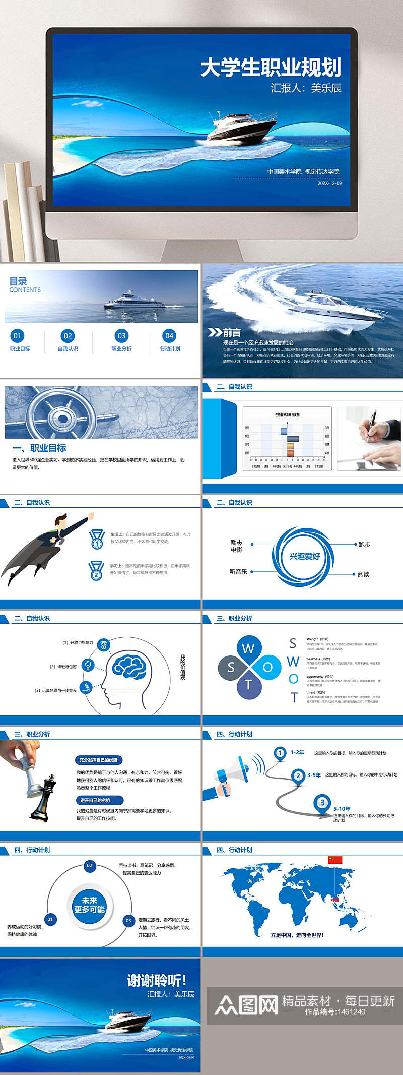 蓝色大学生职业规划PPT模板素材