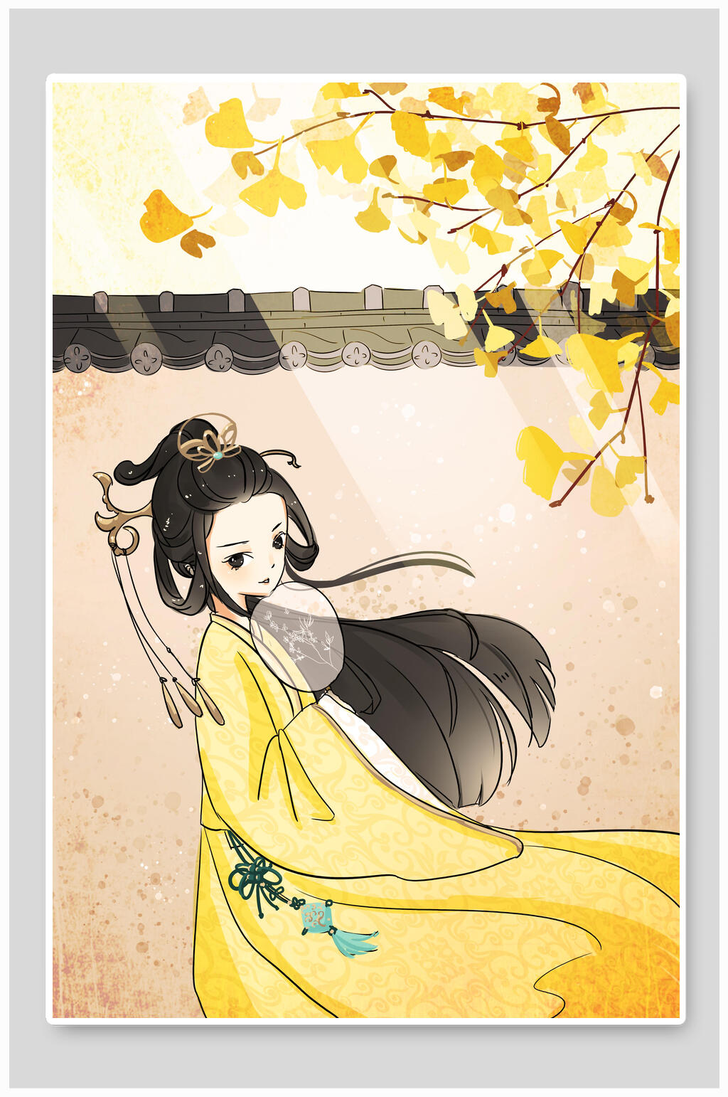 古风插画团扇小姐姐秋叶素材