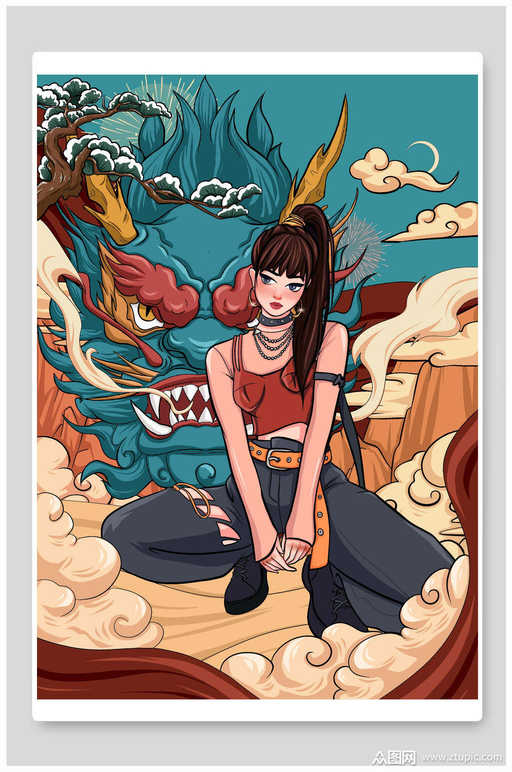 国潮人物插画潮流女孩龙