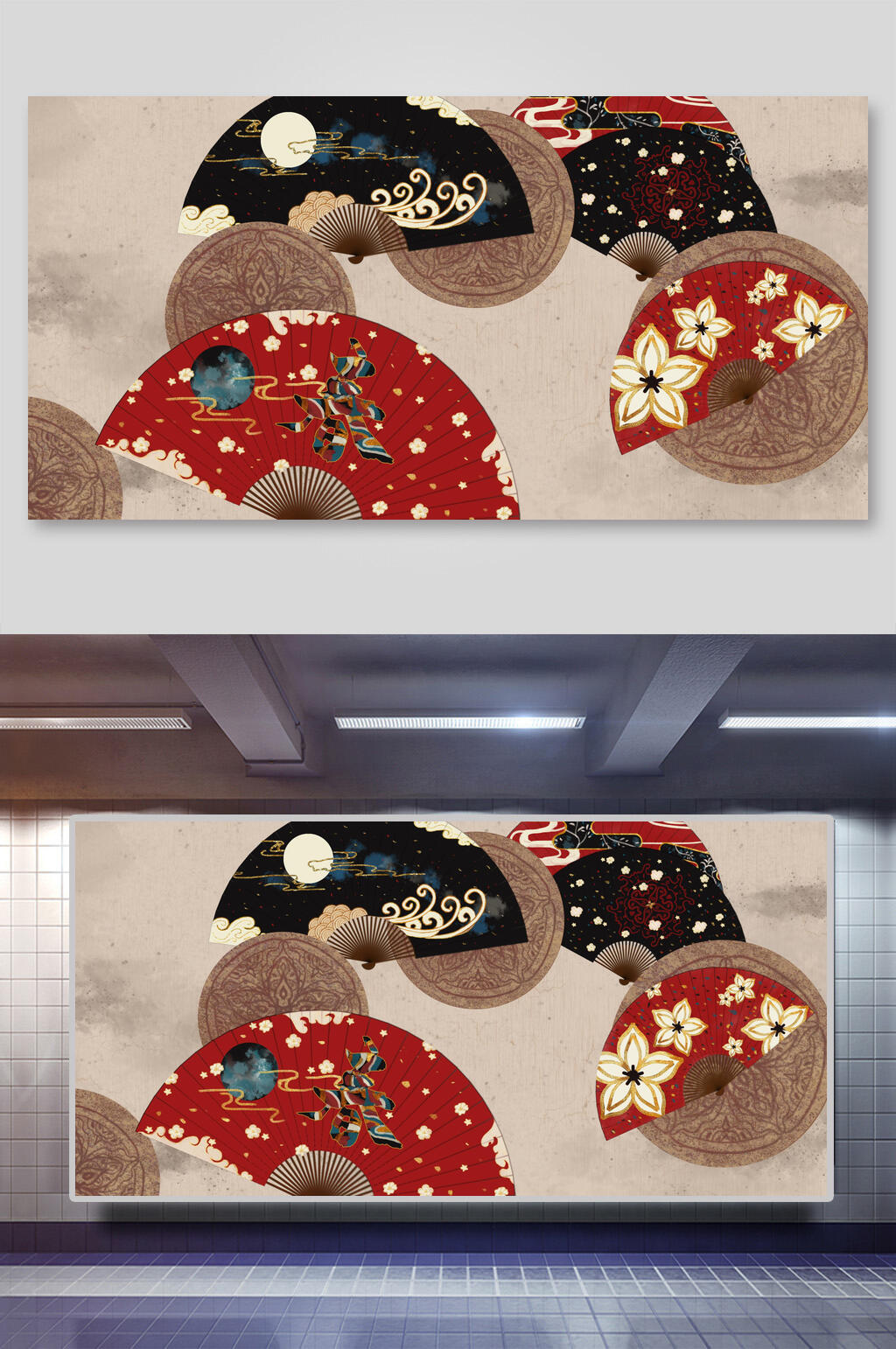 复古折扇中式插画背景素材素材