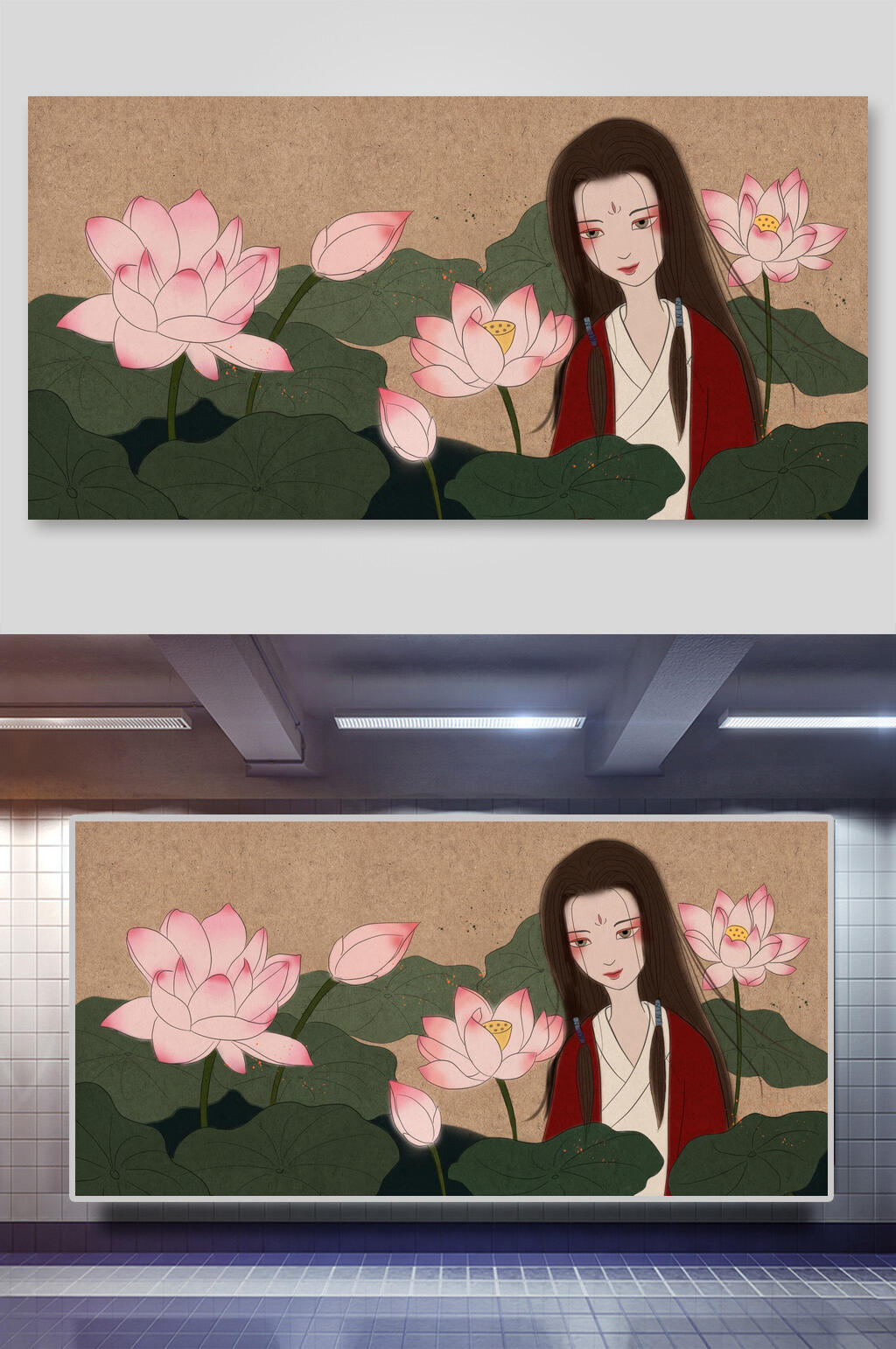 荷花女孩插画设计素材素材