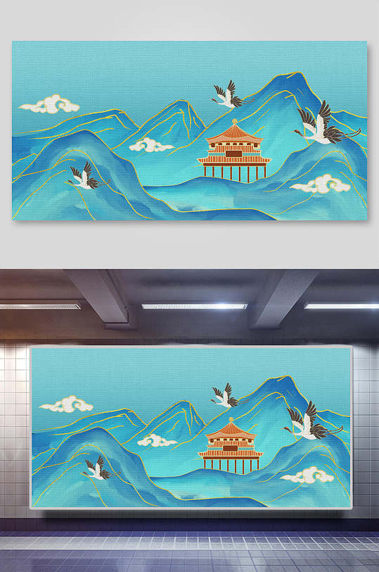 蓝色国潮山水风景画背景素材