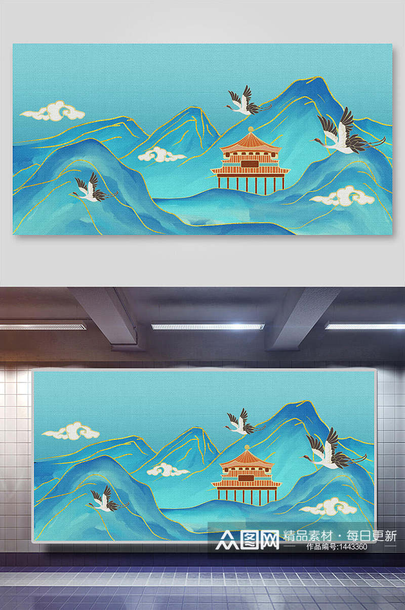 蓝色国潮山水风景画背景素材素材