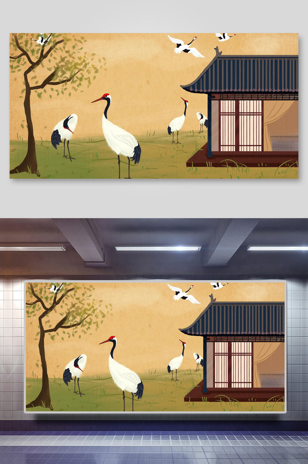 国潮插画仙鹤庭院古风素材