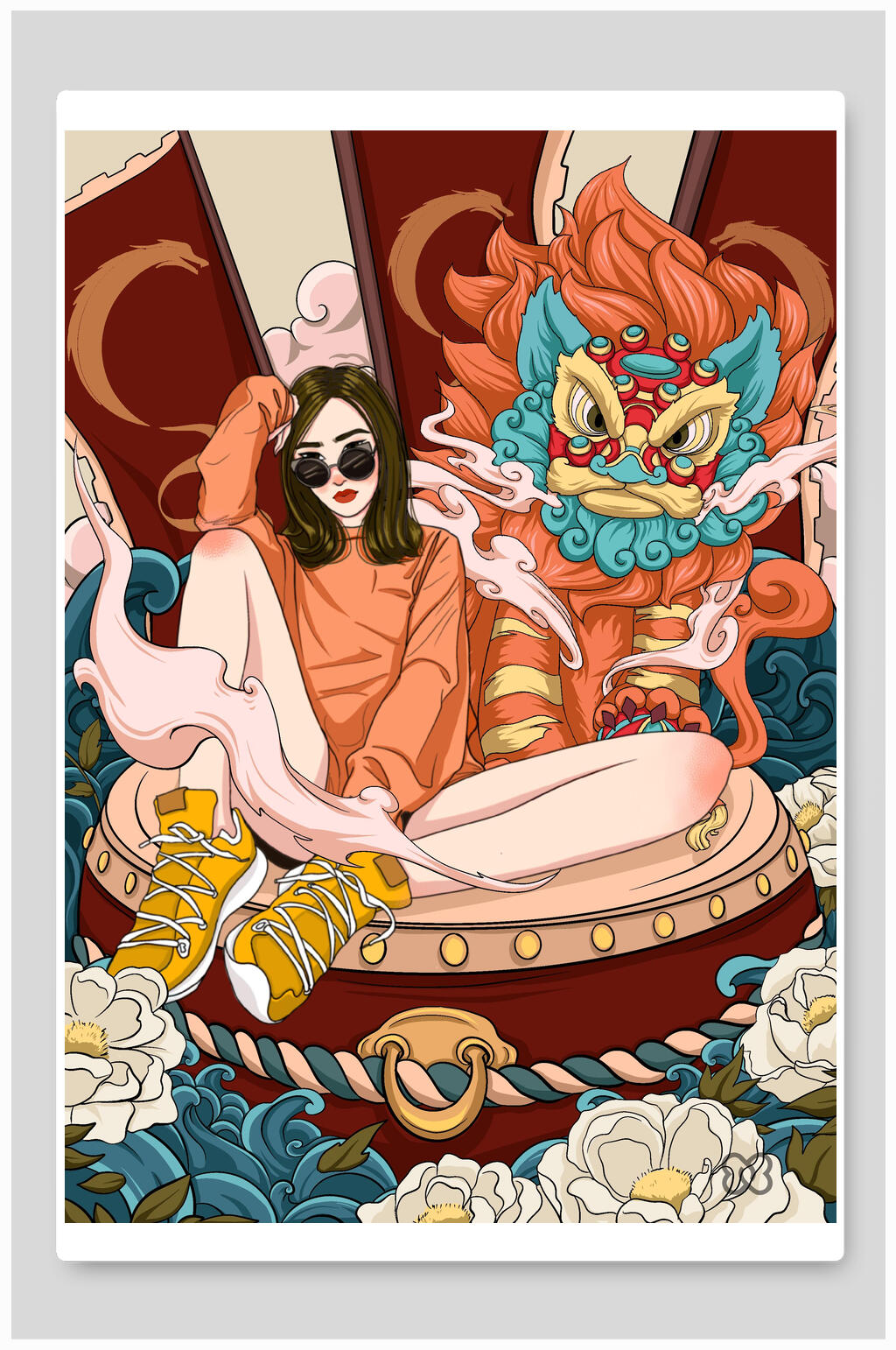 国潮人物插画女孩酷炫狮子素材