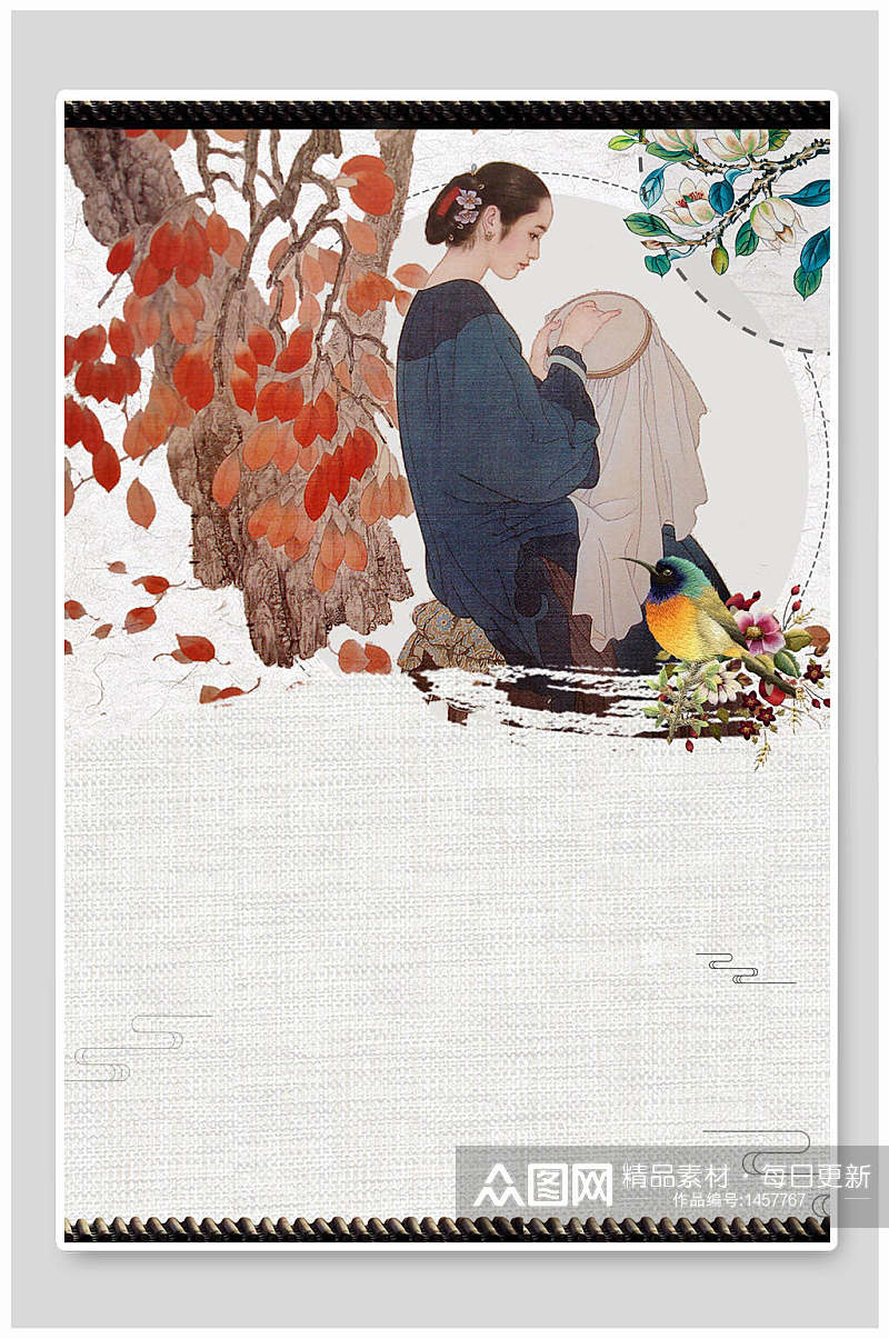 白色孟母树下鸟旁刺绣海报素材