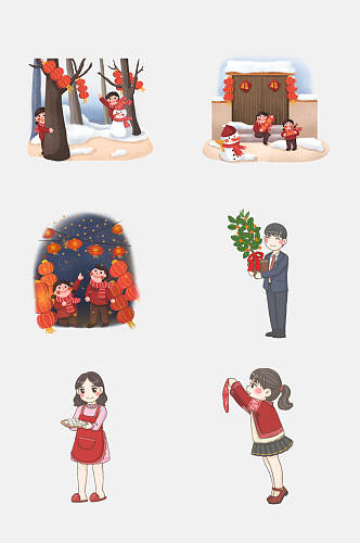 春节堆雪人游玩人物插画元素