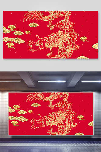 红底金龙国潮中国风插画背景素材