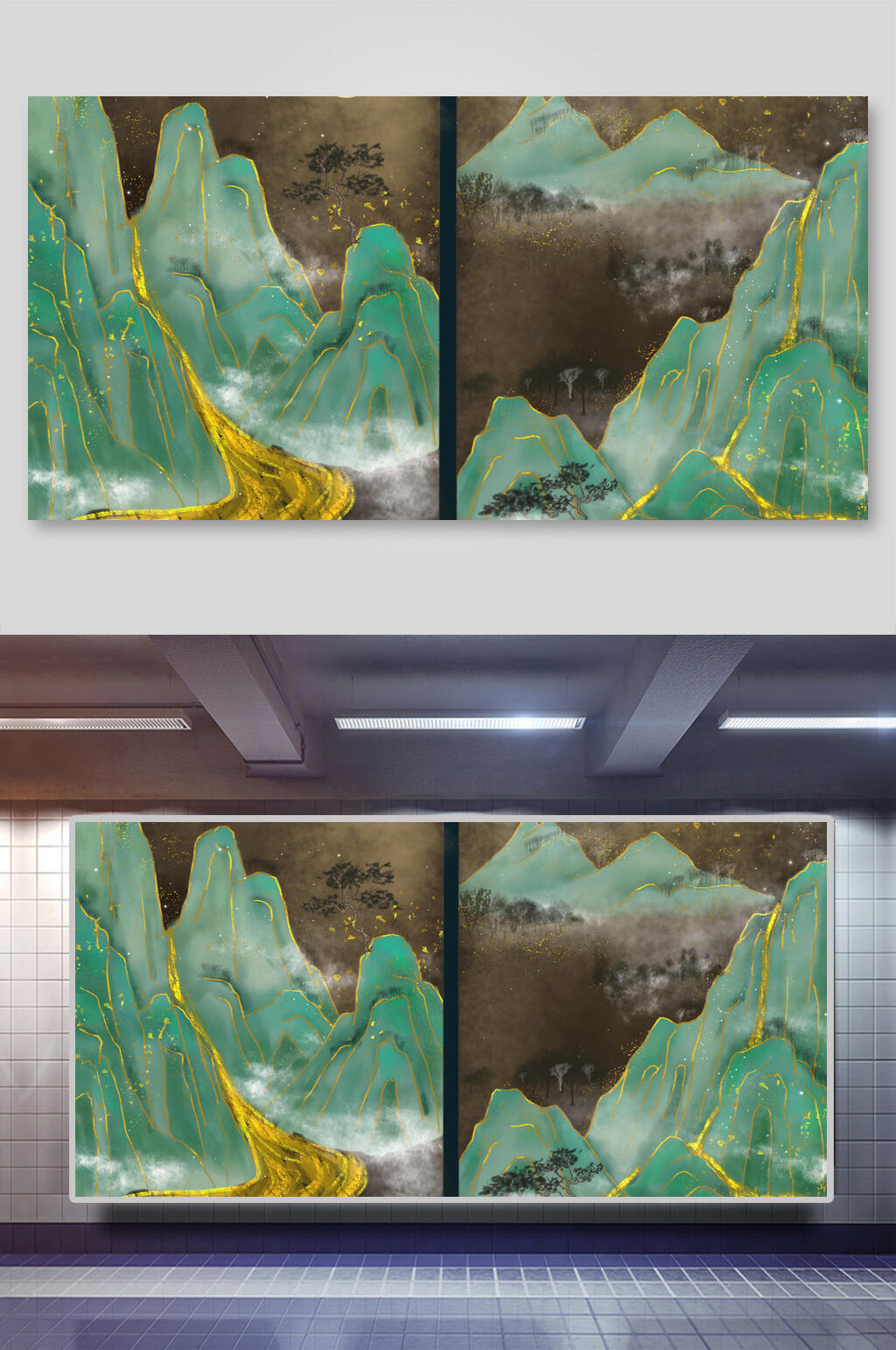 绿色复古中式插画背景素材素材