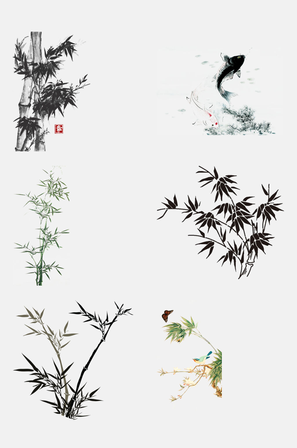 竹子中国风水墨金鱼元素素材素材