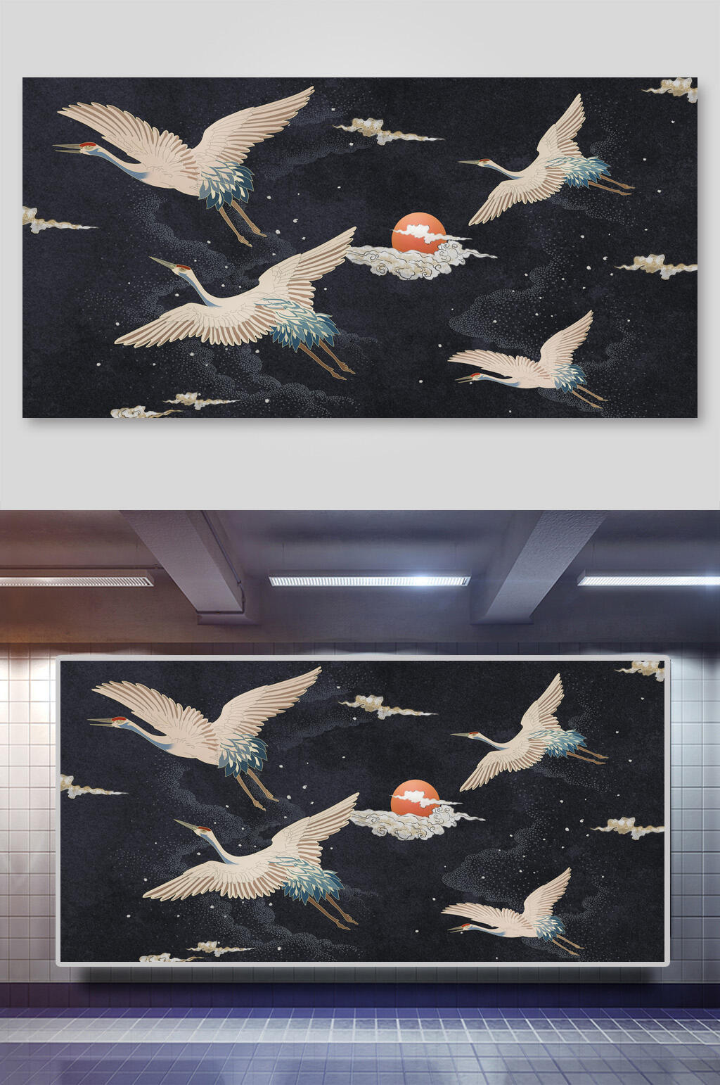 黑色中國風(fēng)仙鶴祥云國潮中國風(fēng)插畫背景素材