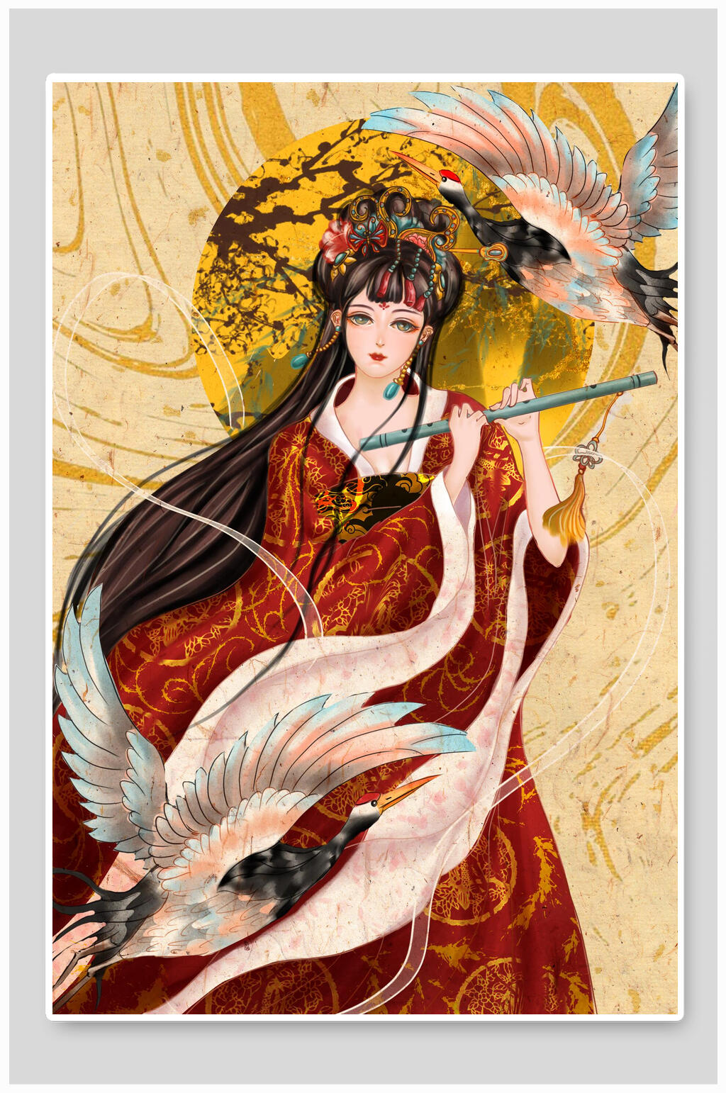 插画设计美女仙鹤仙气古风素材