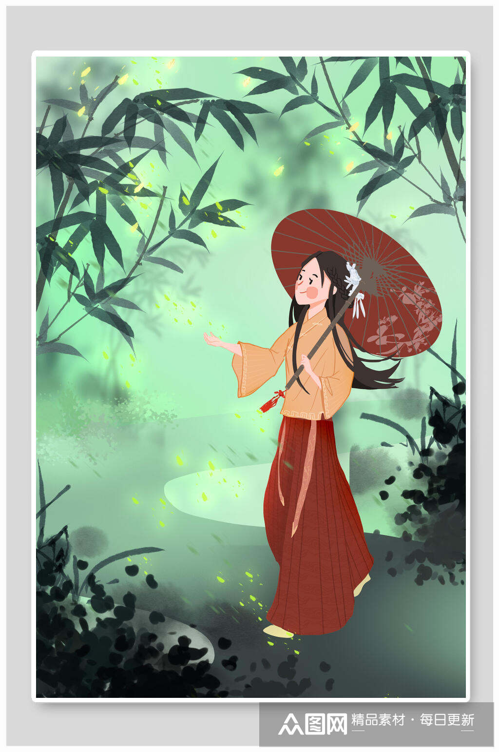 古风插画女子竹林打伞唯美素材