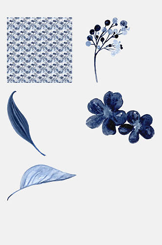 蓝金线墨水水彩花卉插画设计元素