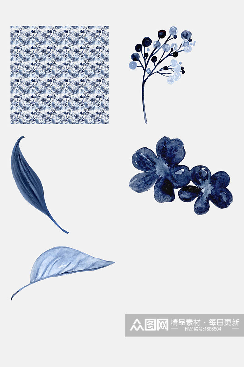 蓝金线墨水水彩花卉插画设计元素素材