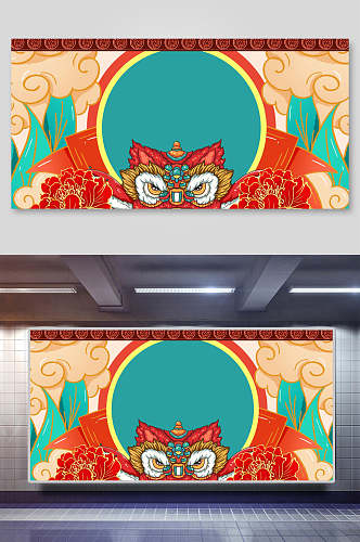 国潮舞狮中式海报背景素材