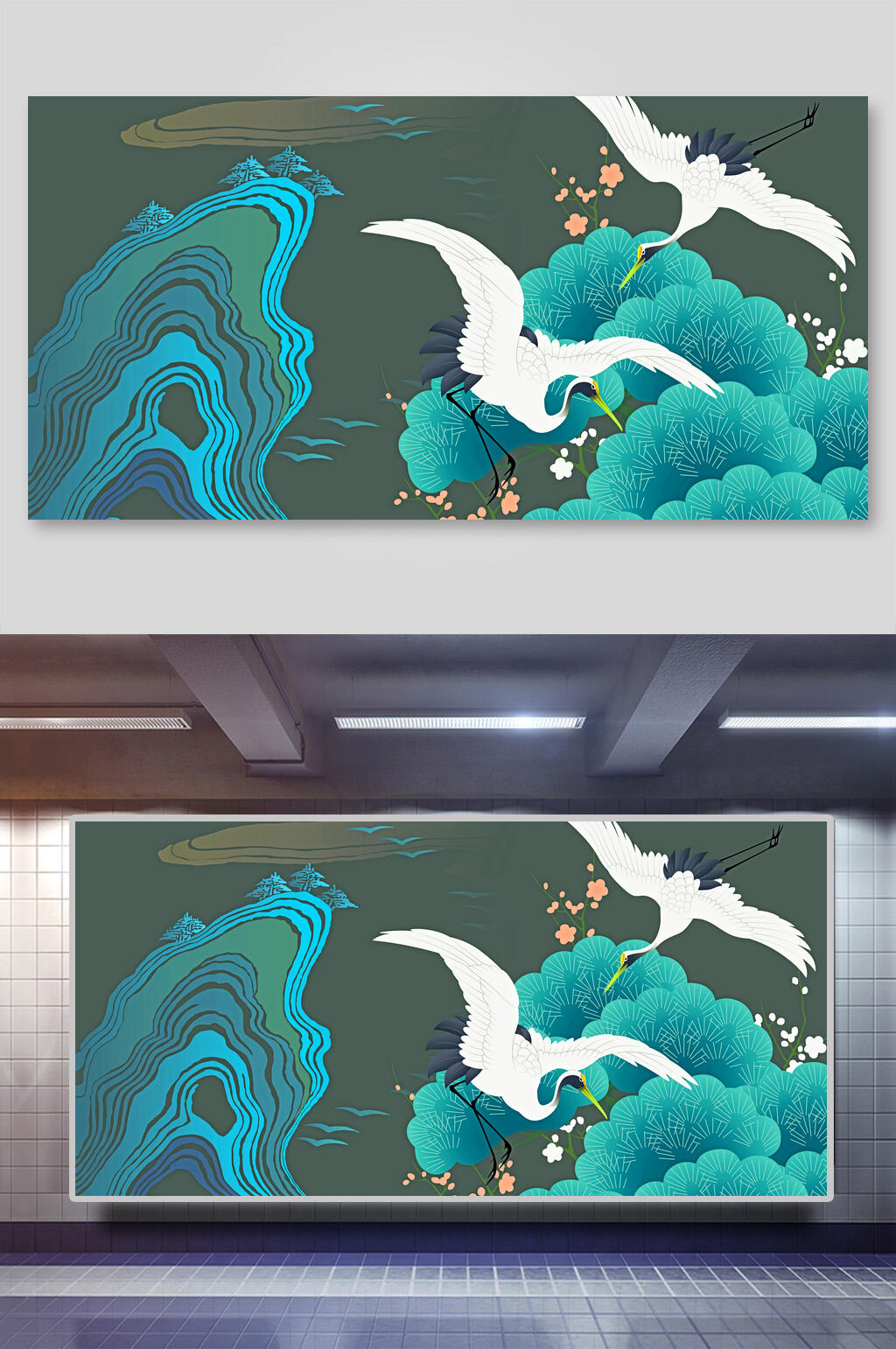 蓝绿色国潮中国风插画背景素材素材