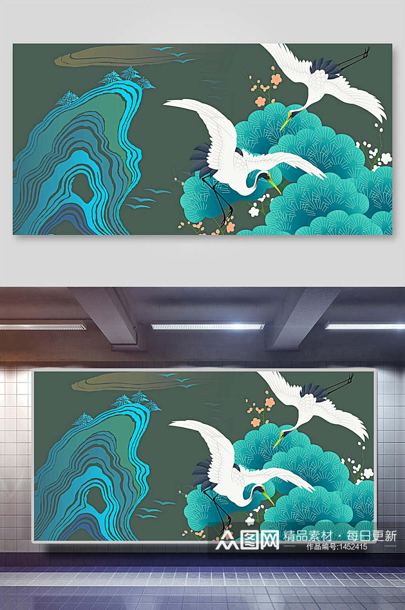 蓝绿色国潮中国风插画背景素材素材
