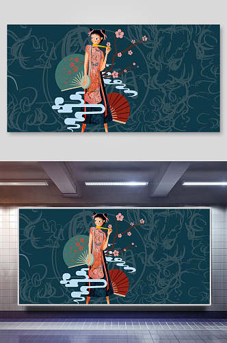 旗袍少女中式海报背景素材