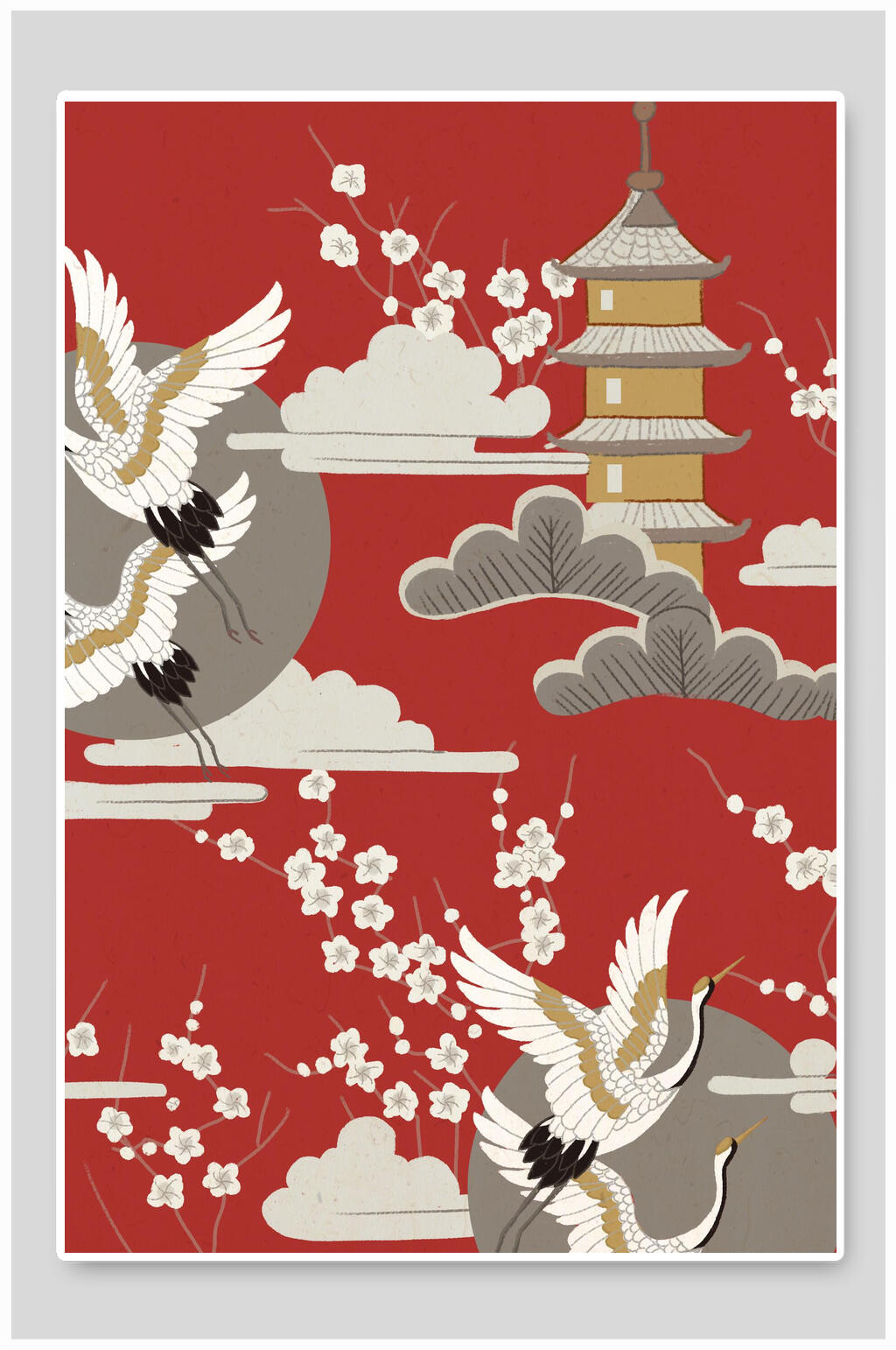 插画设计仙鹤吉祥红色梅花素材