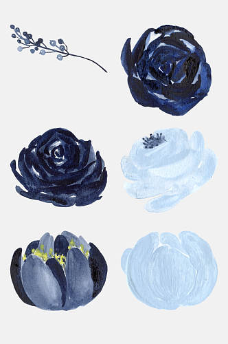 蓝金线墨水水彩花卉插画设计元素