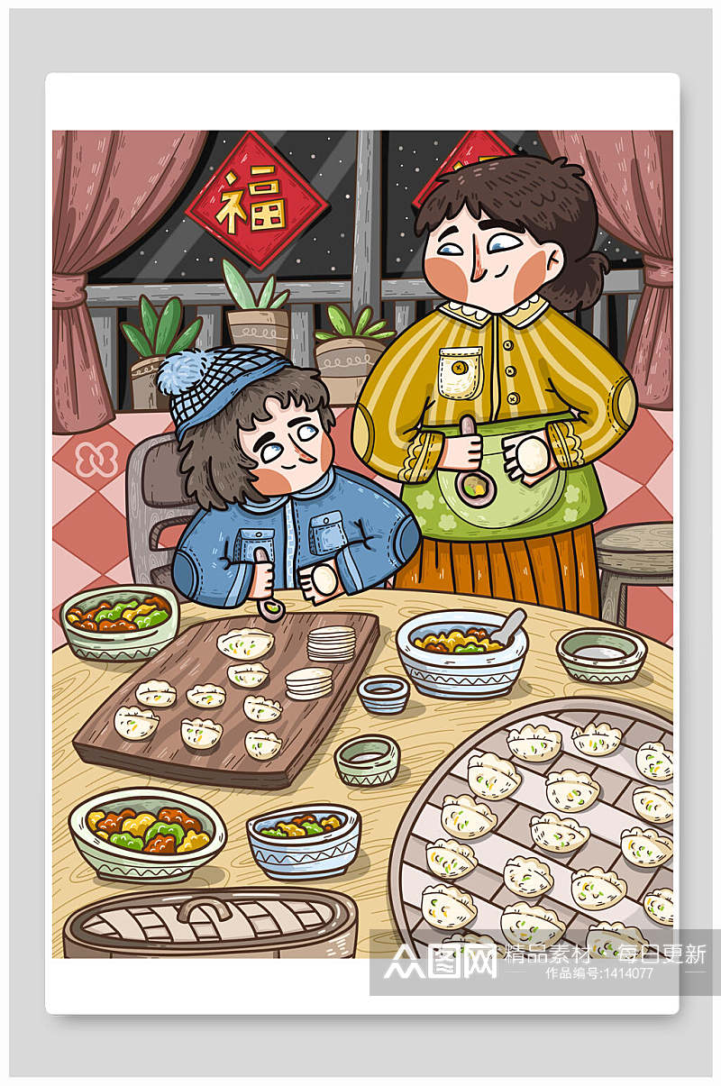 新年一起包饺子的妈妈和孩子素材