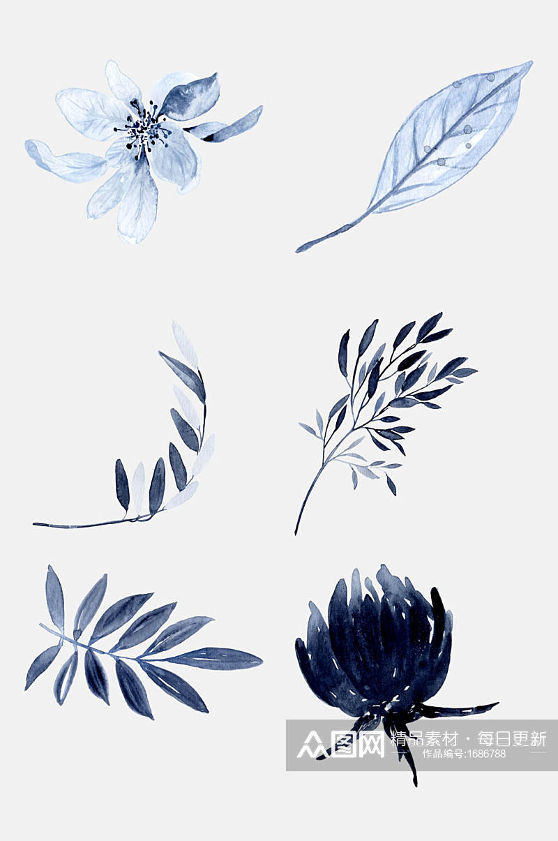 蓝金线墨水水彩花卉插画设计元素素材