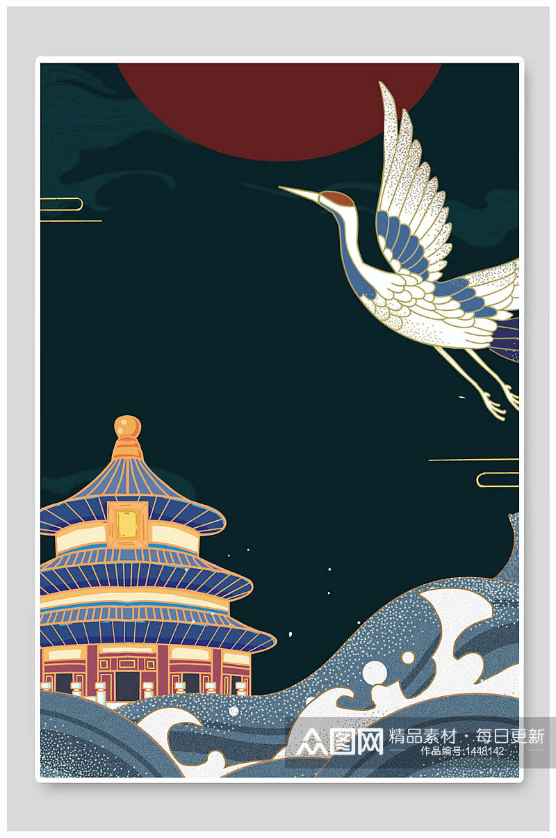 中式海报背景仙鹤古楼免抠背景图素材