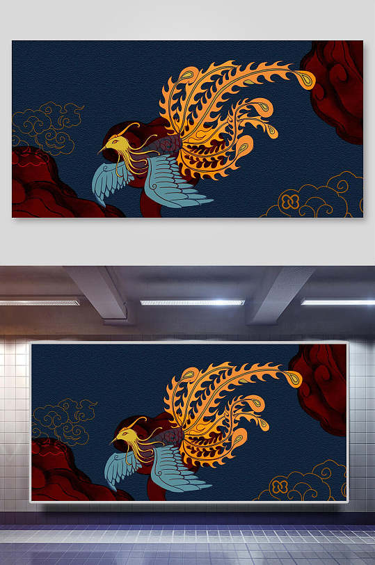 深藍(lán)色黑色中國(guó)風(fēng)鳳凰祥云國(guó)潮海報(bào)背景