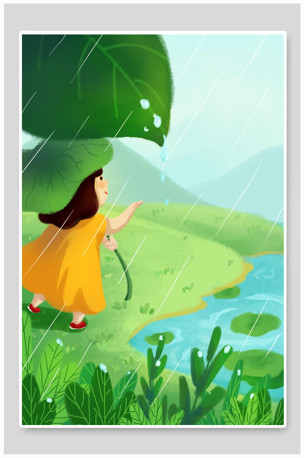细雨女孩插画海报设计素材素材
