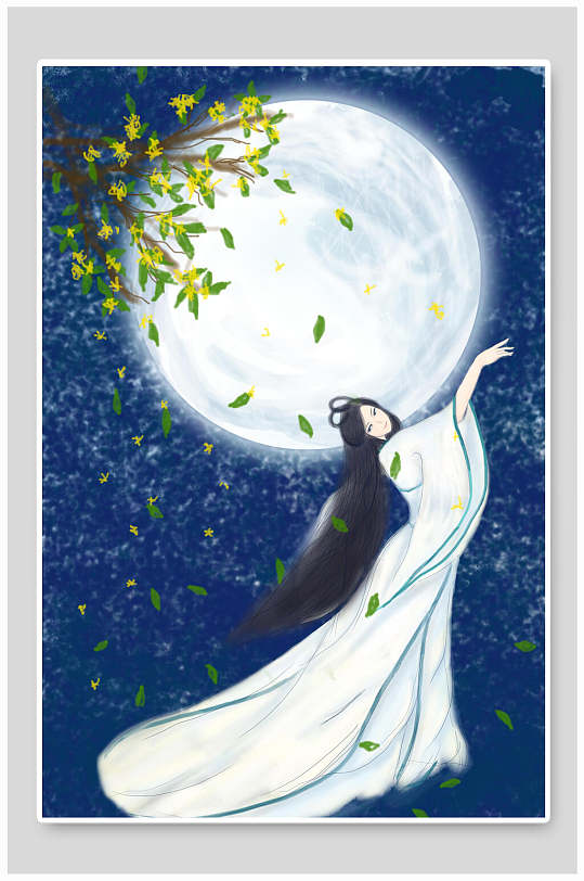 月下起舞古风插画素材