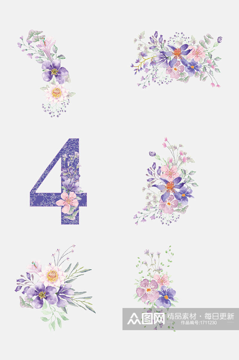 紫色英文字母婚礼花卉免抠 婚礼花卉元素素材
