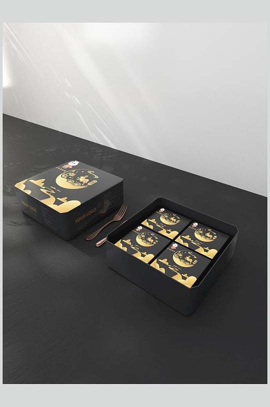 黑金色月饼盒包装效果图设计样机