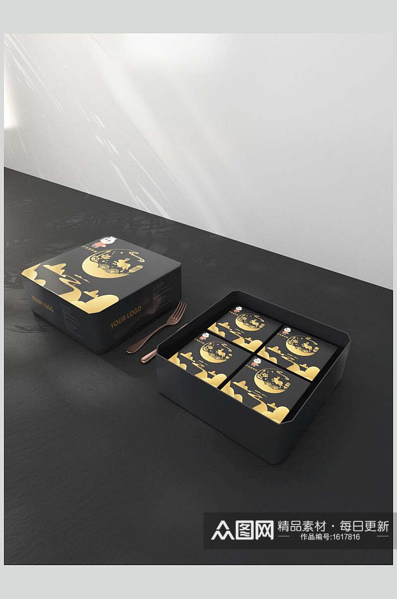 黑金色月饼盒包装效果图设计样机素材