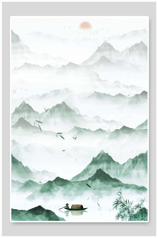 远山小舟清新复古背景素材-众图网