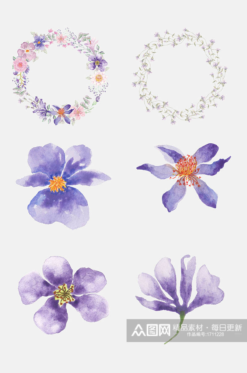 紫色花环婚礼花卉免抠 婚礼花卉元素素材