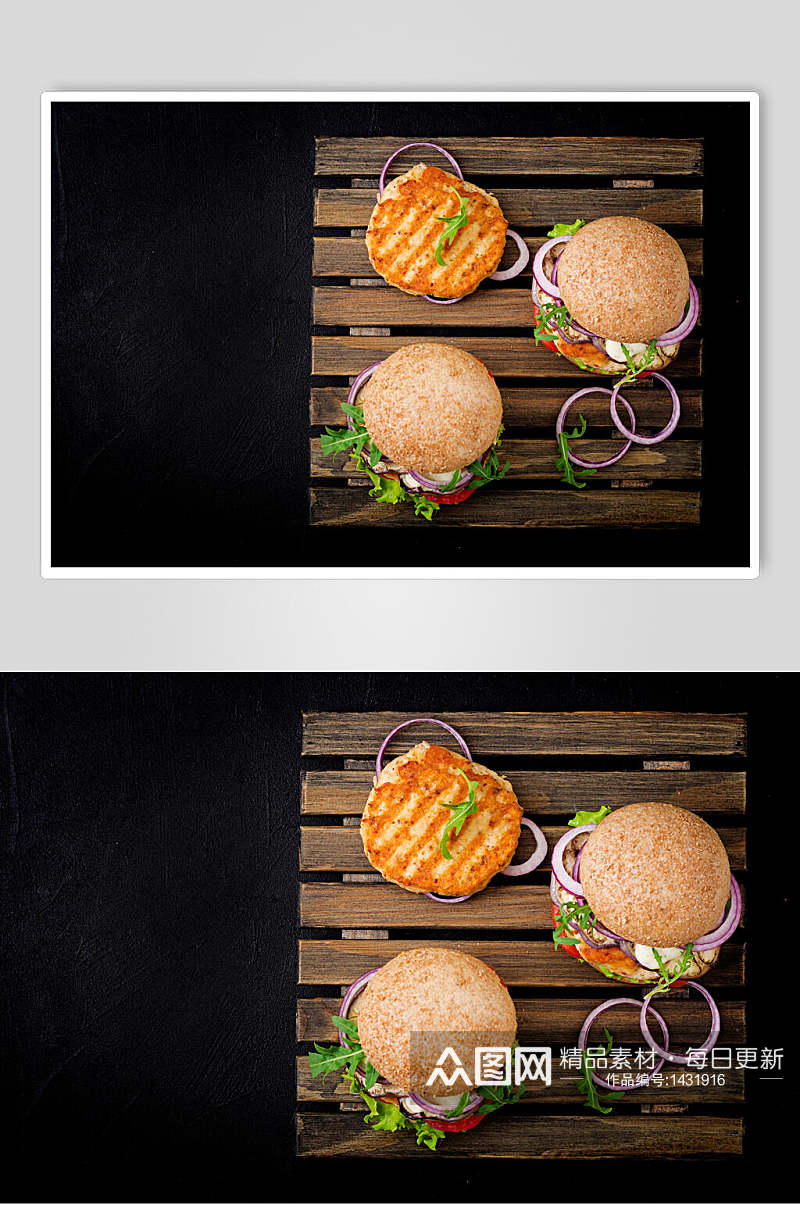 美式蔬菜鸡胸肉汉堡美食摄影图素材